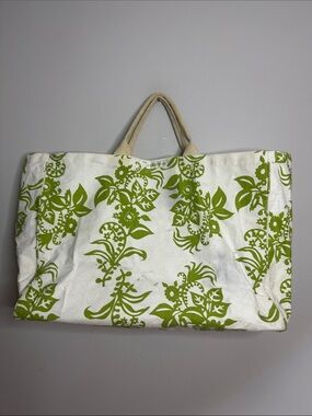 Canvas Tote Bag with Green Floral Print